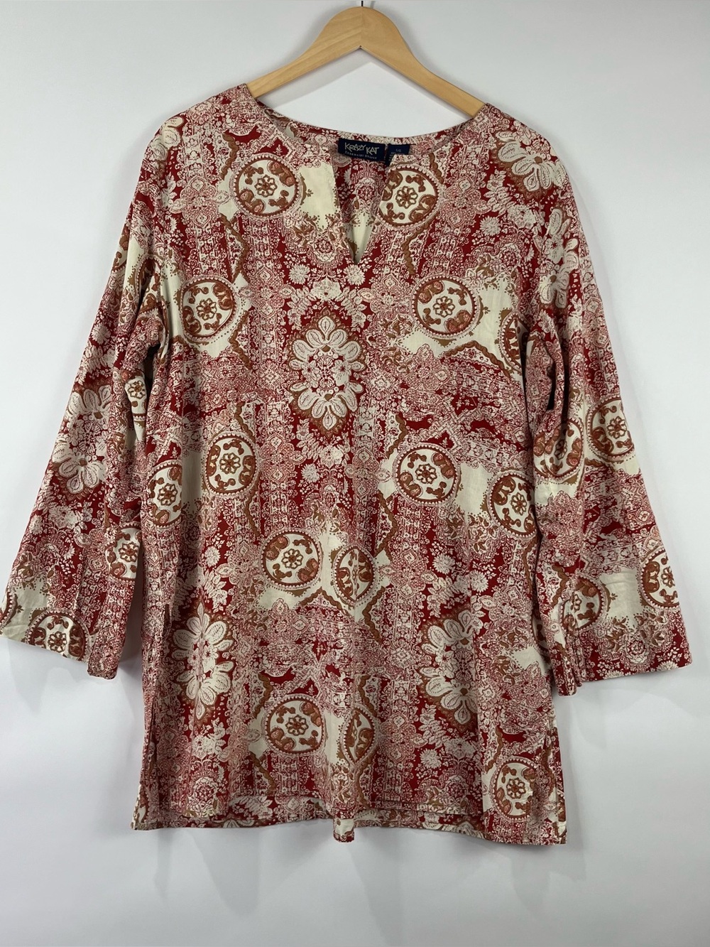 Vintage Krazy Kat 100% Cotton Boho Tunic Blouse Lightweight Soft L